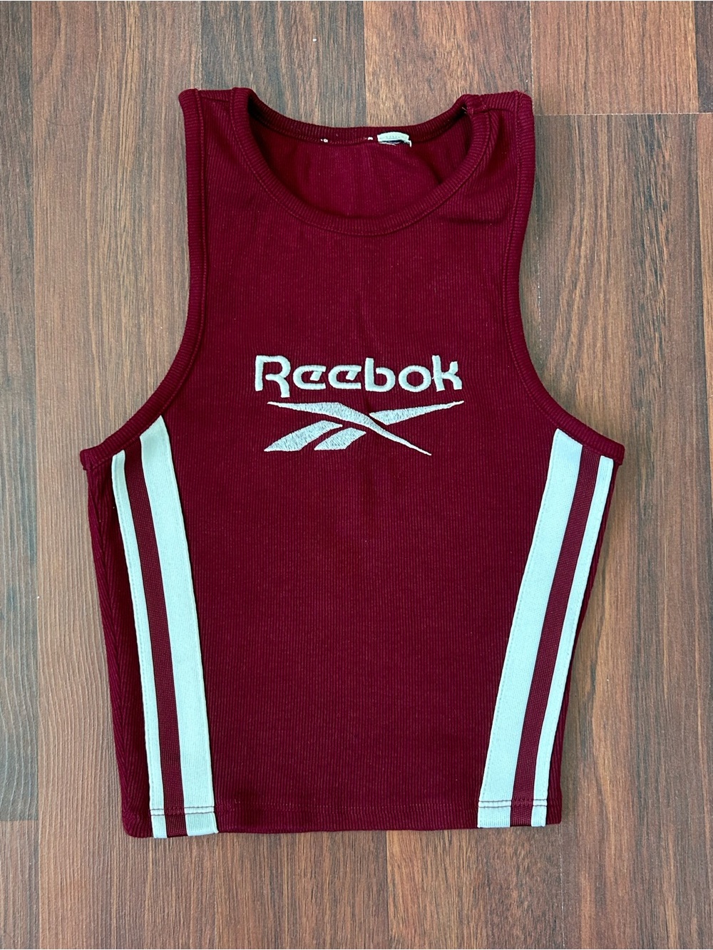 Burgundy Reebok logo ribbed crop top with vertical stripe detail